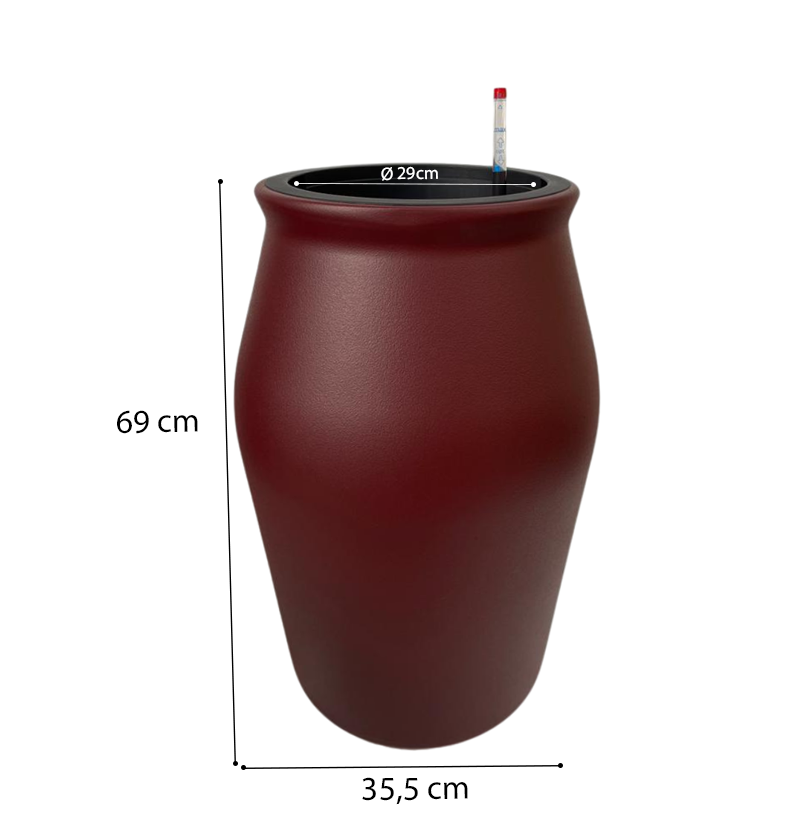 Rode, textuurrijke buitenpot met zwarte rand, geschikt voor tuin of terras. Inclusief een waterstandsmeter voor gemakkelijke vloedcontrole.