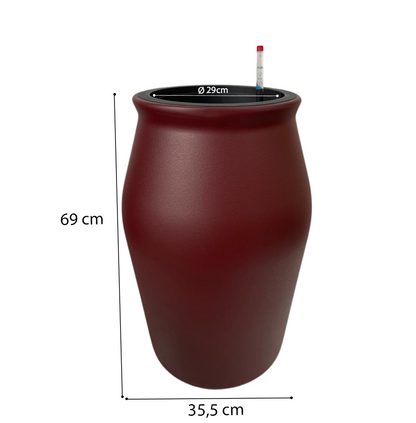 Rode, textuurrijke buitenpot met zwarte rand, geschikt voor tuin of terras. Inclusief een waterstandsmeter voor gemakkelijke vloedcontrole.