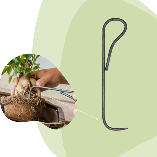 Zwart metaal plantenrek voor bonsai, met een gebogen handvat en scherpe punt voor eenvoudige aanplant. Perfect voor het verplaatsen van jonge planten of het ondersteunen van wortels tijdens transplantatie.