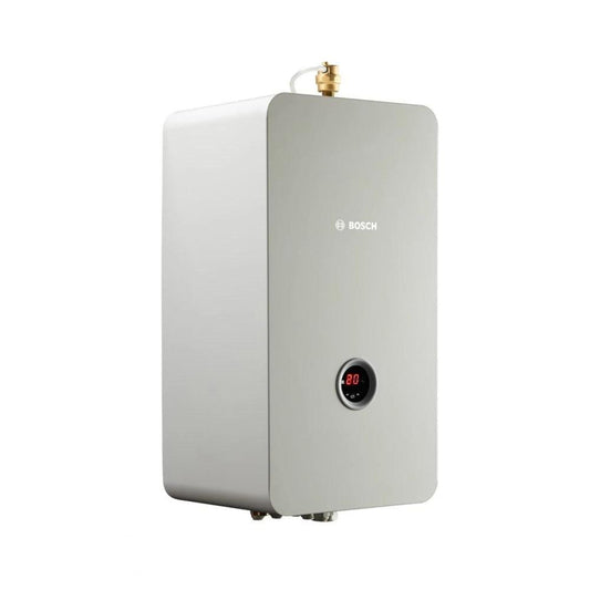 De Bosch waterkoker in zilverkleurig staal met digitale display en goudkleurige aansluiting, geschikt voor moderne badkamers en energiezuinige verwarming.