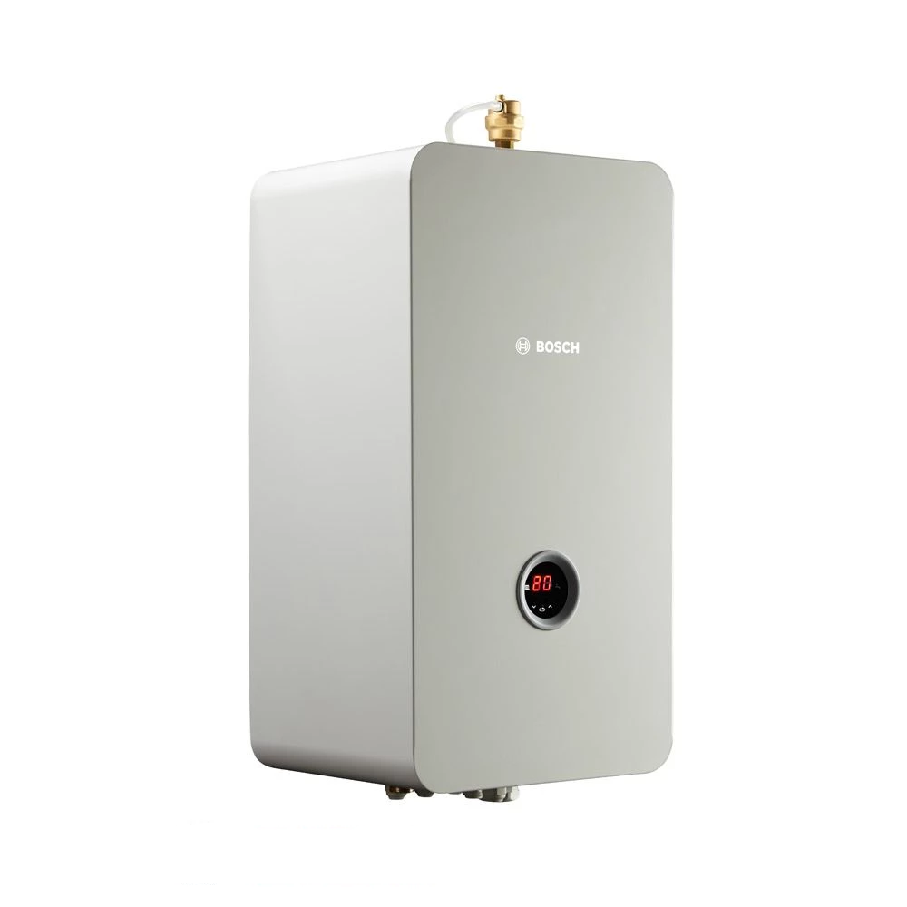 Bosch waterkoker in zilverkleurig metaal met digitale display en rode temperatuurindicatie, voorwand met merklogo. Geschikt voor huisinstallatie en energiezuinig verwarmen.