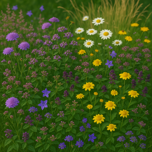 Violet, geel en witte bloemen in een levendige tuin, met groene bladeren en hoge grassen. Perfect voor tuinontwerp en bloemenkwekerij.