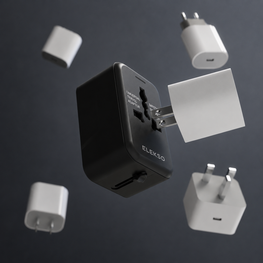 Zwart universaal reisadapter van Elekso, met veiligheidsdeksel en CE-keurmerk, zichtbaar in een Amerikaanse stopcontactdoos. Geschikt voor elektronica tijdens internationale reizen.