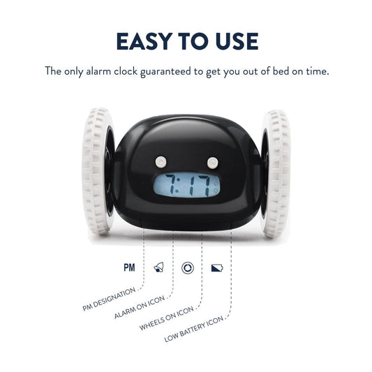 Comnox - Clocky - Alarmklok op wielen - Direct wakker - Geen vertragingen - Super luid alarm - 13,5x9x9 cm - Black