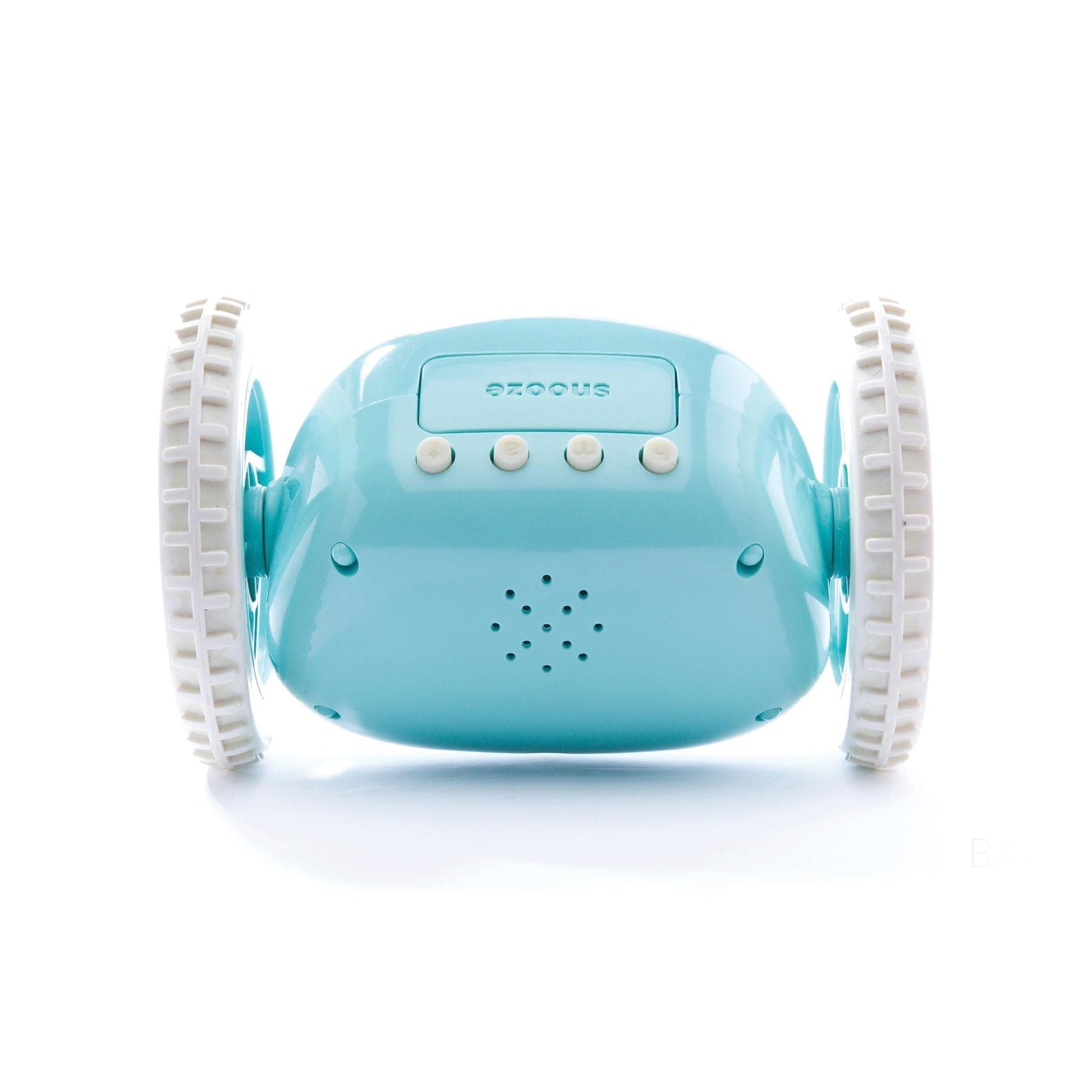 Een lichtblauwe, ronde wekker met witte banden en een digitale klok die 7:17 toont, geschikt voor kinderen en als speelgoed in een kinderkamer.