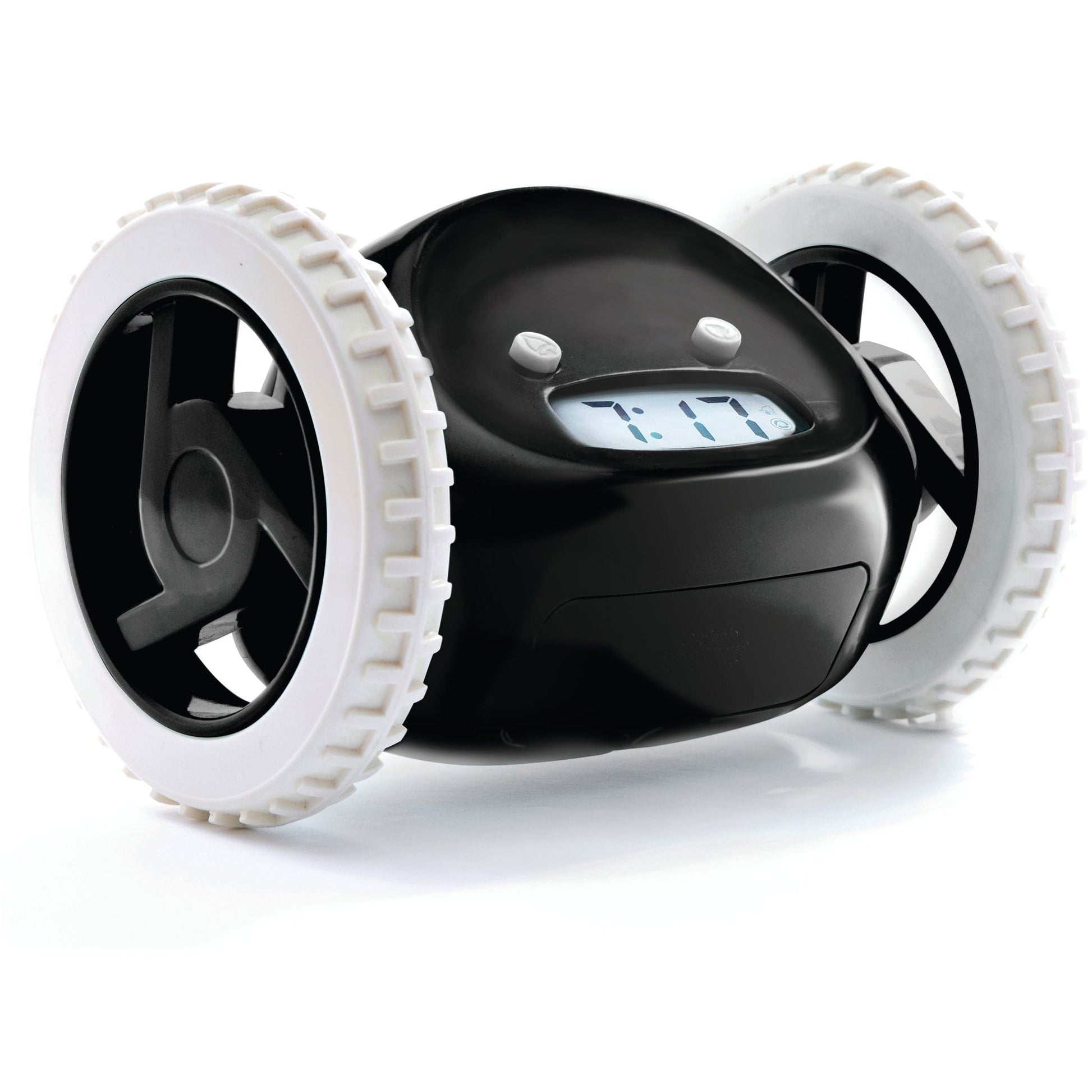Zwart, glanzend wekkerrobot met witte banden en digitale klok die 7:17 toont, uitgerust met knoppen voor bediening. Ideaal voor kinderen en als speelgoedwekker in slaapkamer.