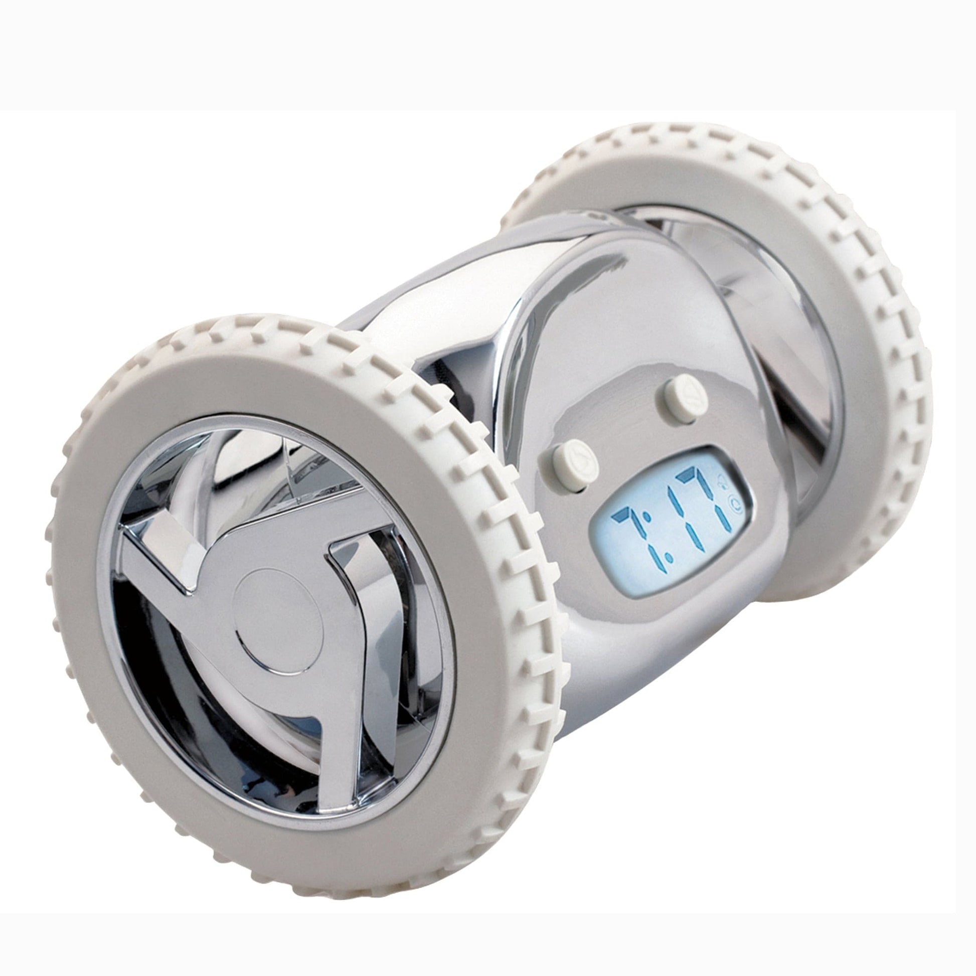 Zilverkleurige robotwekker met witte banden en digitale display die 7:17 toont, geschikt voor kinderen en als speelgoed in de slaapkamer.