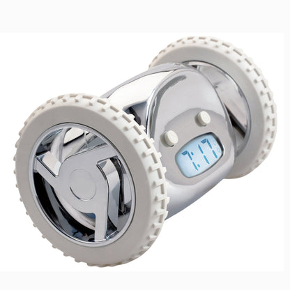 Zilverkleurige robotwekker met witte banden en digitale display die 7:17 toont, geschikt voor kinderen en als speelgoed in de slaapkamer.