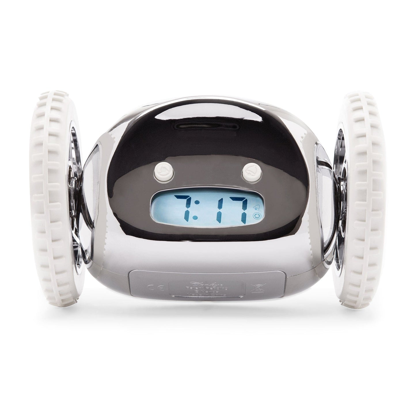 Zilverkleurige robotwekker met witte banden en digitale klok die 7:17 toont, geschikt voor kinderen. Compacte, glanzende ontwerp met knoppen en speelbare functies voor jonge gebruikers.