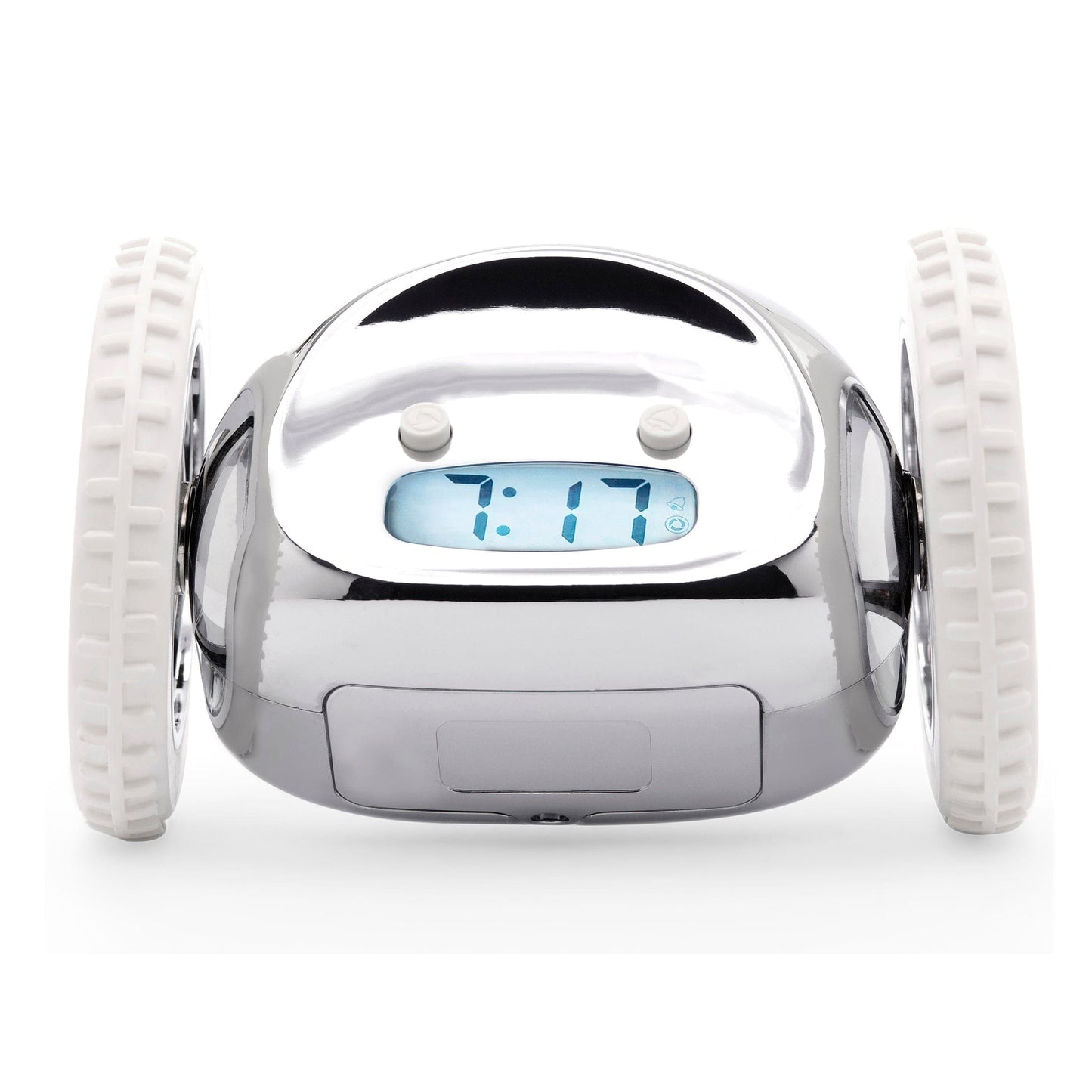 Zilverkleurige robotwekker met witte banden en digitale klok die 7:17 toont, geschikt voor kinderen en jongeren als speelgoed of luchtige wekker in de slaapkamer.
