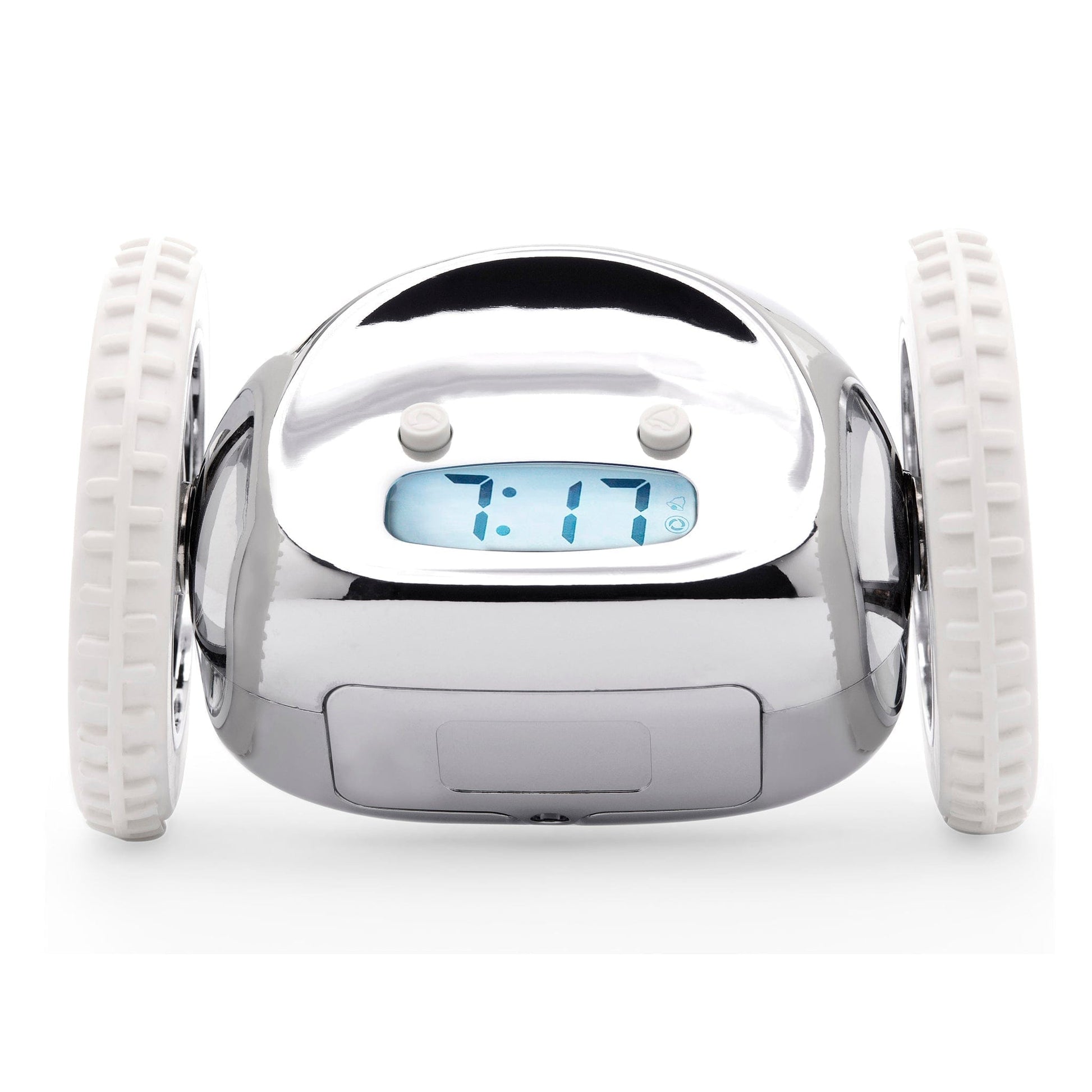 Zilverkleurige robotwekker met witte banden en digitale klok die 7:17 toont, geschikt voor kinderen en jongeren als speelgoed of luchtige wekker in de slaapkamer.