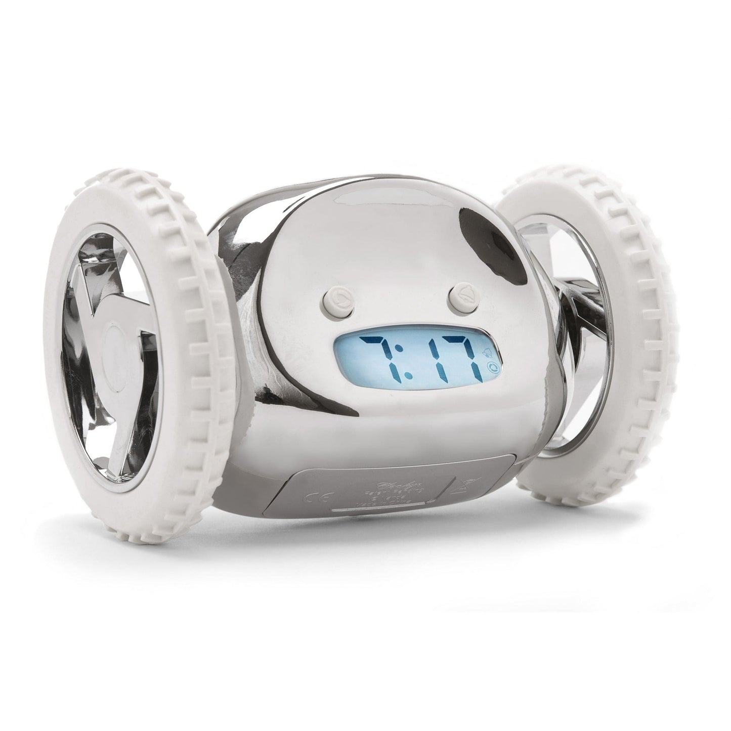 Zilverkleurige robotwekker met witte banden en digitale klok die 7:17 toont, geschikt voor kinderen. Compacte, glanzende ontwerp met knoppen en scherm voor speelgoedwekker.