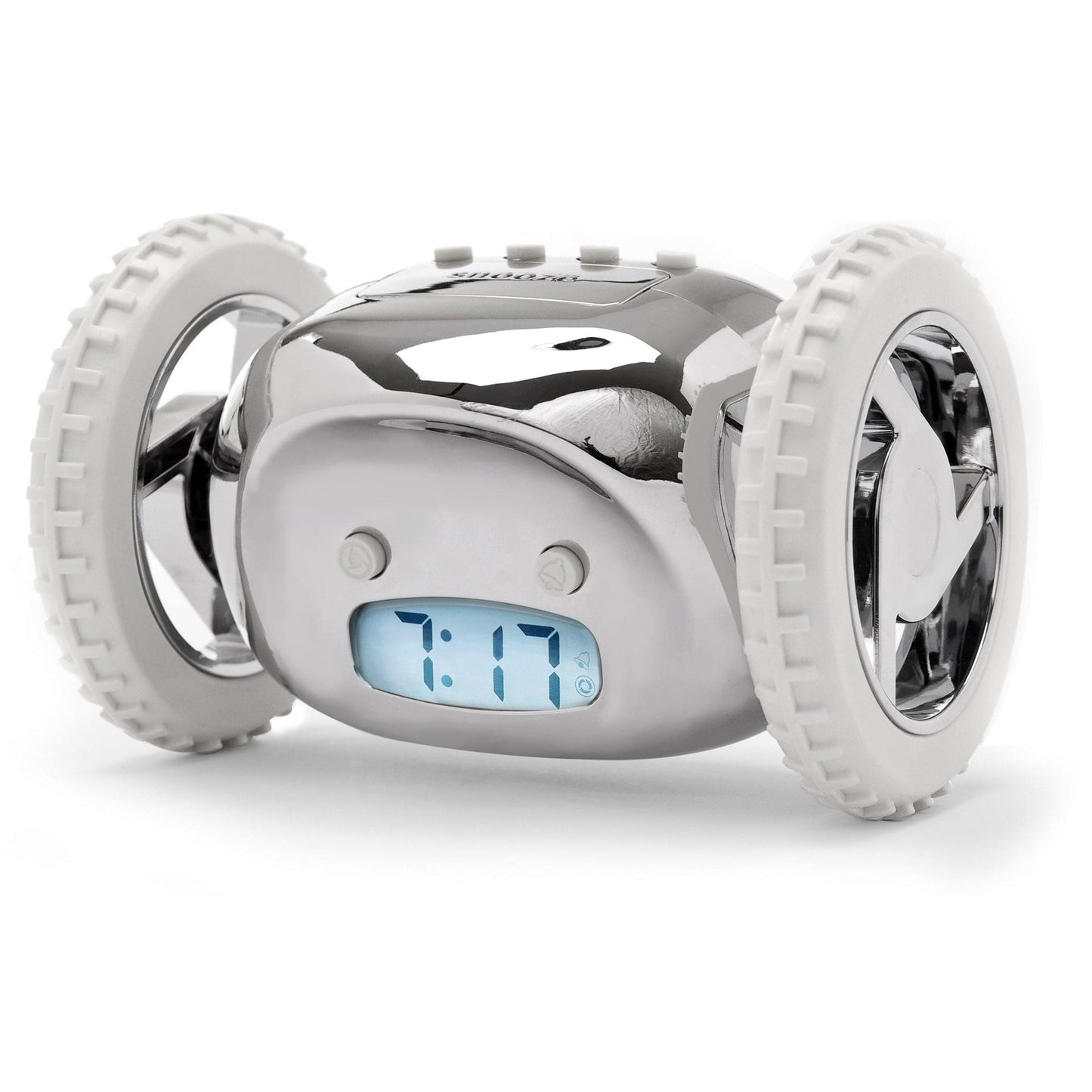 Zilverkleurige robotwekker met witte banden en digitale klok die 7:17 toont, geschikt voor kinderen en jongeren als speelgoed of educatief hulpmiddel voor het leren van tijd.