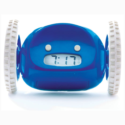 Blauwe robotwekker met witte banden en digitale klok die 7:17 toont, geschikt voor kinderen en als speelgoed in de slaapkamer.