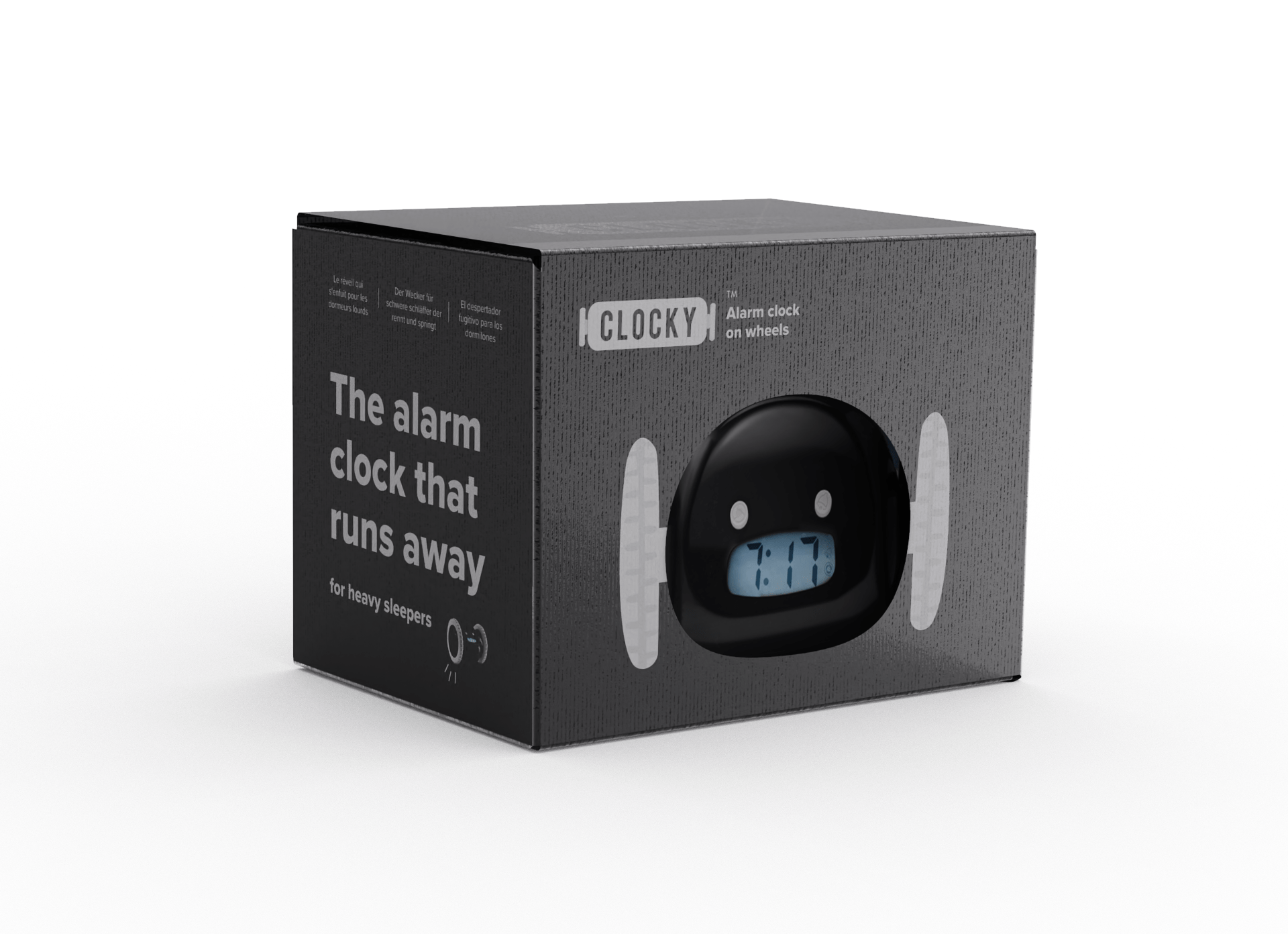 Zwart, glanzend wekkertje met witte wielen en digitale klok die 7:17 toont, uitgerust met knoppen voor bediening. Ideaal voor kinderen of als speelgoedwekker in de slaapkamer.