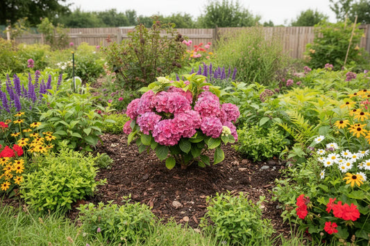 Prachtige roze en paarse hydrangea’s in een donkergrijze vaas met kleurrijke decoratie, perfect voor een levendige interieurstijl. Ideaal voor een moderne woonkamer of als decoratieve bloemenarrangement.