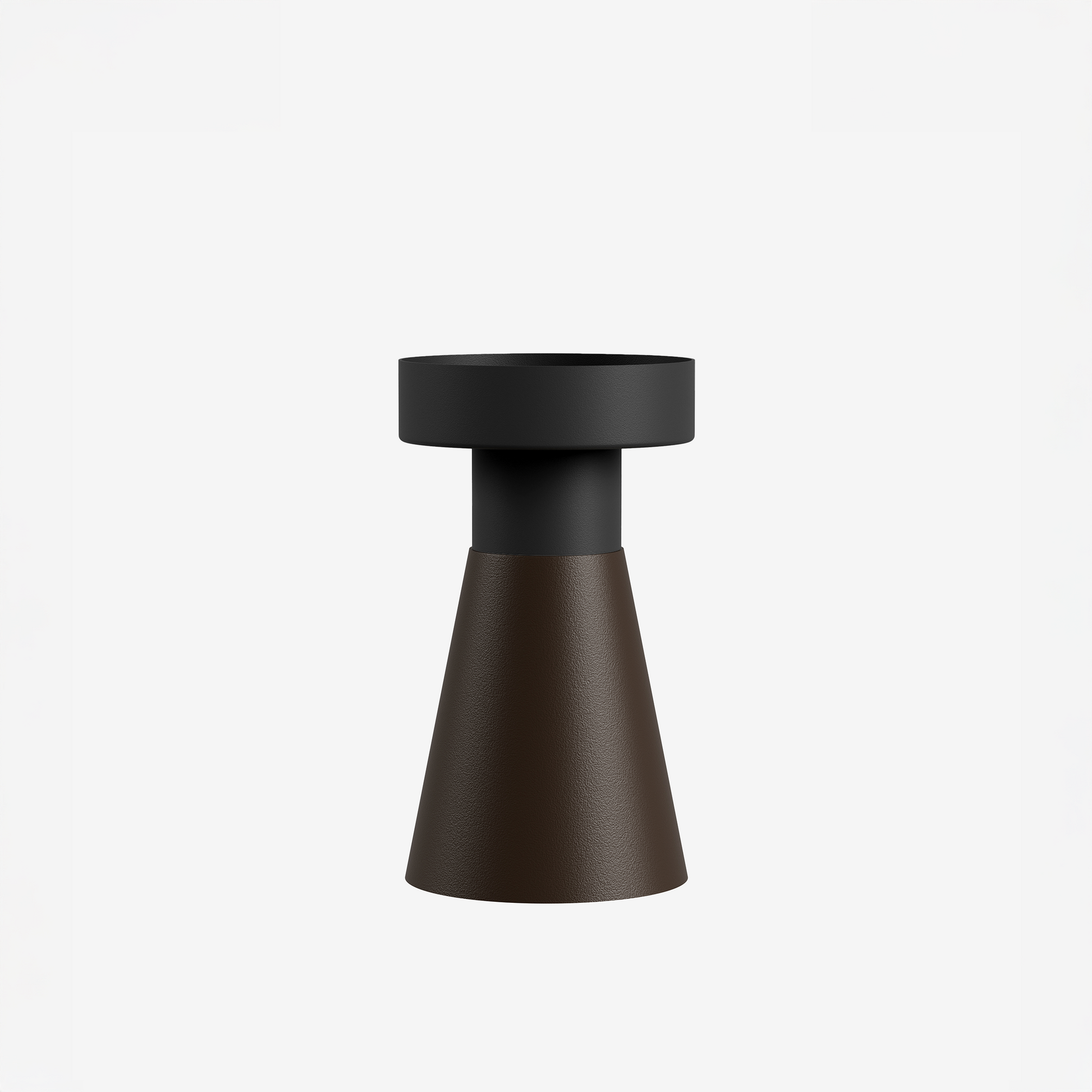 Een minimalistisch zwart houten tafeltje met een bruine leerachtige conische basis, geschikt voor moderne woonkamerdecoratie. Ideaal voor minimalistische interieurs en als bijzettafel.