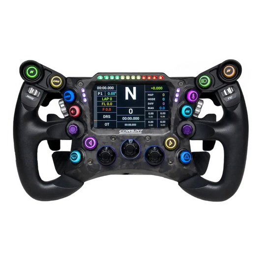Zwart racestuur met kleurrijke knoppen en digitale display, speciaal ontworpen voor Formule 1 simulaties. Gemaakt van carbonvezel met precisieknoppen voor realistische racecontrole.