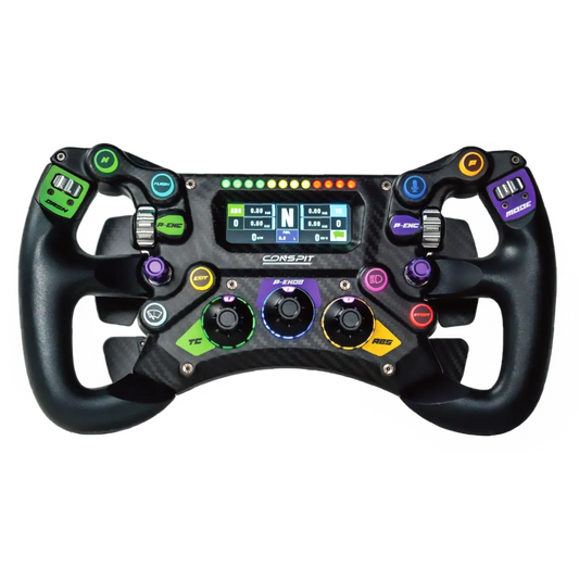 Een zwarte racestuur met kleurrijke knoppen en een digitale display, gemaakt van carbonvezel voor realistische simulatie. Perfect voor Formule 1-racegames en professionele racing-simulaties.