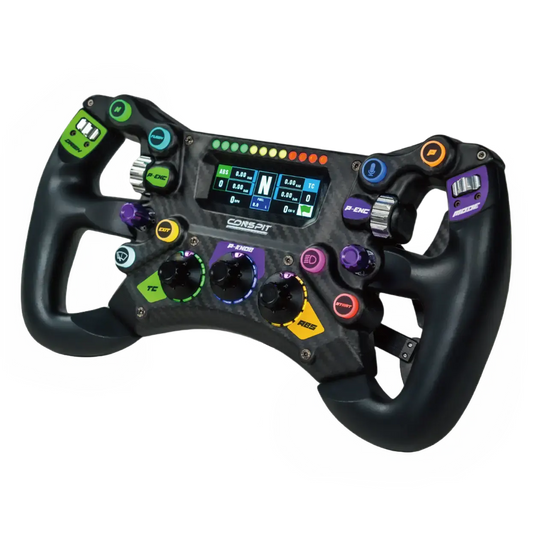 Een zwarte racestuur met kleurrijke knoppen en een digitale display, gemaakt van carbonvezel voor realistische simulatie. Perfect voor Formule 1-racegames en professionele simulaties.
