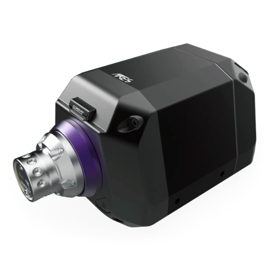 Zwarte ARES-industriële camera met zilveren en paarse details, geschikt voor precisiebeelden in fabrieken. Geavanceerd beeldsysteem voor automatisering en productiecontrole.