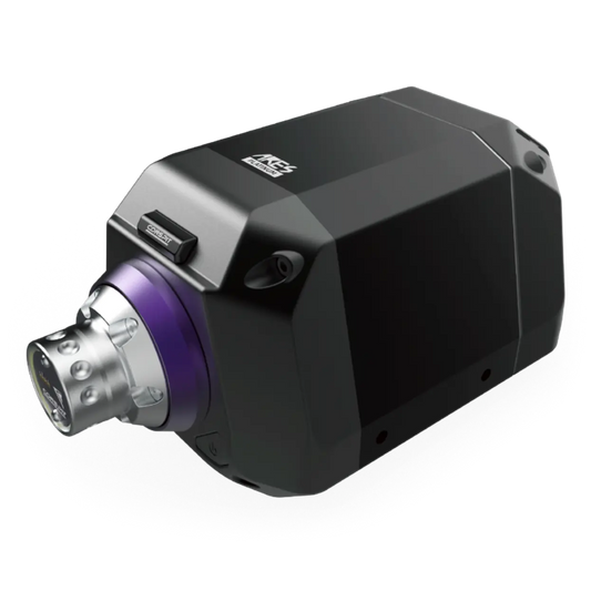 Zwarte ARES PLATINUM-camera met paarse ring en zilveren aansluiting, geschikt voor industriële beveiliging. Compacte, robuuste constructie met duidelijke merkidentificatie voor professioneel gebruik.