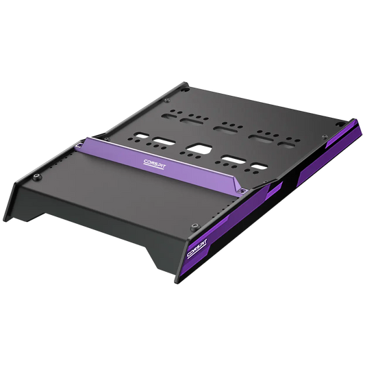 Zwart metalen gaming-standaard met paarse accenten en “CONSPLIT”-logo, geschikt voor gaming-PC’s en moddering. Gebruik voor betere ventilatie en stijl in je gamingsetup.