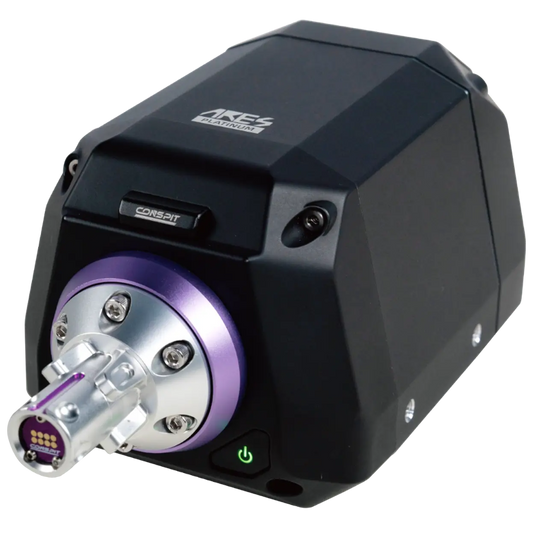 Zwart ARES Platinum laser scanner met paarse en zilveren metalen onderdelen, groene aan/uit knop en zichtbare ‘CONSPIT’ merknaam. Geschikt voor precisie-metingen in industriële toepassingen.