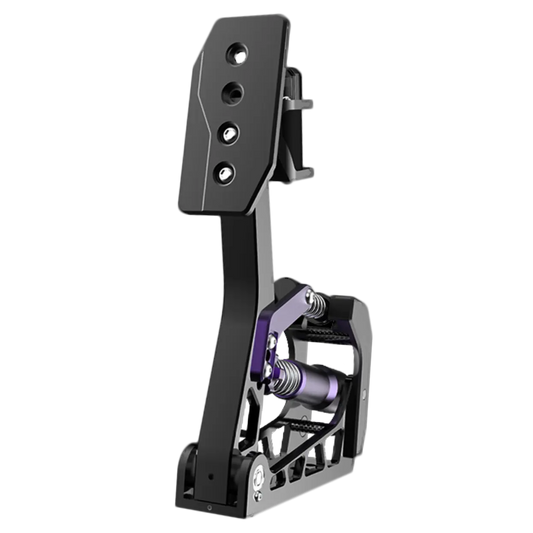 Zwart metalen gamepedaal met paarse accenten en zichtbare veermechanisme, geschikt voor racinggames. Robuust ontwerp met verstelbare knoppen voor optimale gamingprestaties.