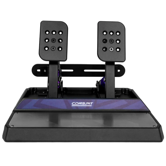 Zwart racepedaalset met ‘CONSPIT’ logo en paarse accenten, geschikt voor racegames. Metalen constructie met duidelijke voetpedalen voor realistische simulatie.