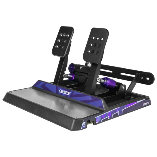 Zwart racepedaalset met ‘CONSPIT’ logo, voor gaming en simulaties. Met precisieknoppen en stuurpedalen voor realistische rijervaring.