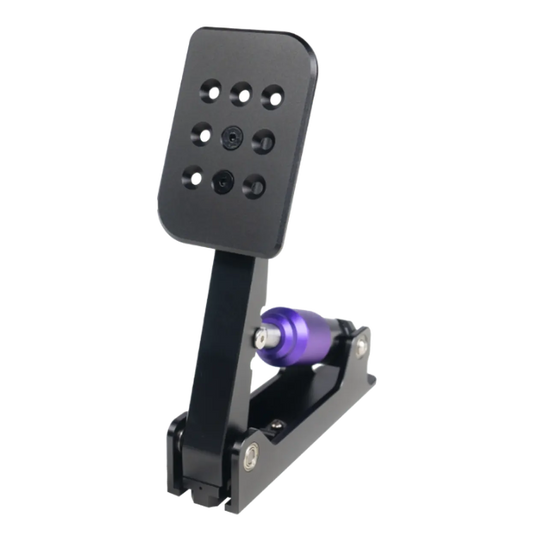 Zwart metalen racepedaal met paarse cilinder, geschikt voor gamingstoelen. Gebruik voor realistische stuurervaring in racinggames.