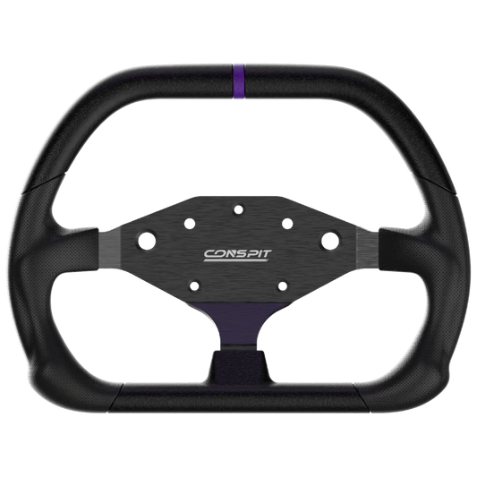 Zwart stuurwiel met textuur en paarse accenten, voor gaming en race-automobiel simulaties. Metalen centrale plaat met CONSPLIT-logo en montagegaten voor precisiebesturing.