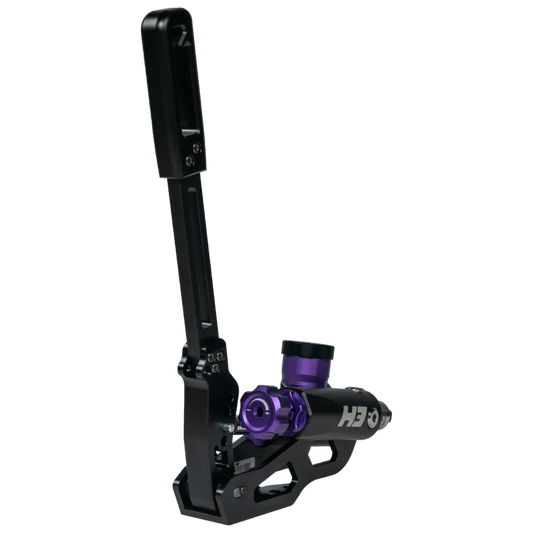 Zwart metalen schakelaar met paarse accenten en “H3” logo, geschikt voor motorfietsen. Compacte constructie met verstelbare handgreep voor betere grip en precisie.