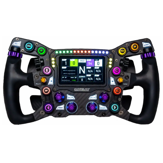 Zwart racestuur met kleurrijke knoppen en LED-verlichting, uitgerust met een digitale display voor F1-simulatie. Geschikt voor racegame-enthusiasten en professionele simulaties.