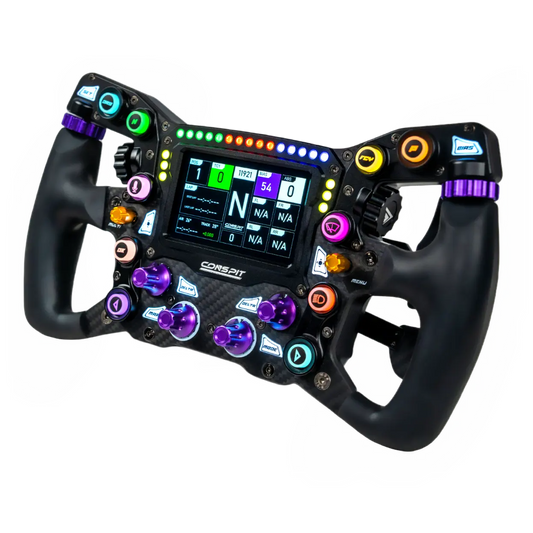 Zwart racestuur met kleurrijke knoppen en LED-verlichting, gemaakt van carbonvezel voor F1-simulatie. Toetsenbord met digitale display voor racegame-ervaring.