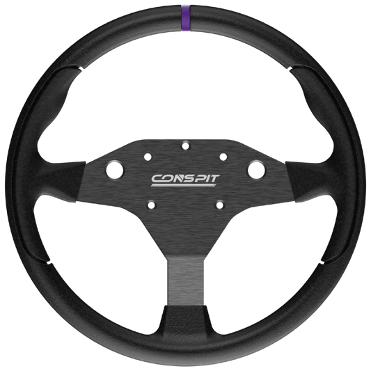 Zwart sportstuur met textuur en zichtbare ‘CONSPIT’ logo, voorzien van een paarse accentstrip bovenaan. Geschikt voor raceauto’s en performance voertuigen met sportief stuurontwerp.