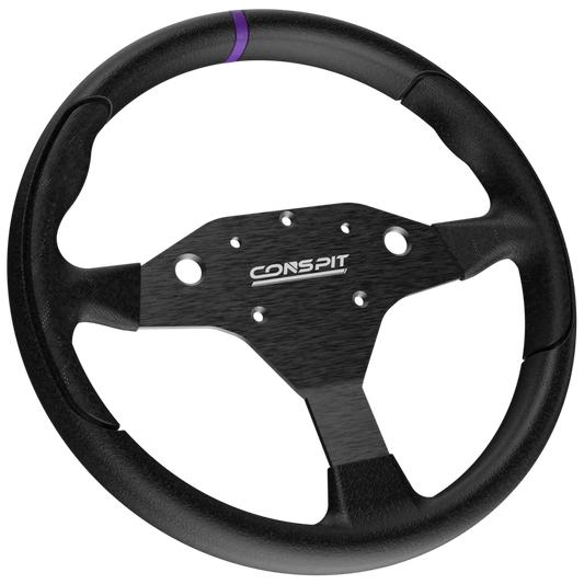 Zwart sportstuur met textuur en zichtbare ‘CONSPIT’ logo, voorzien van een paarse accentstrip. Geschikt voor raceauto’s en gaming-stuurinstallaties.