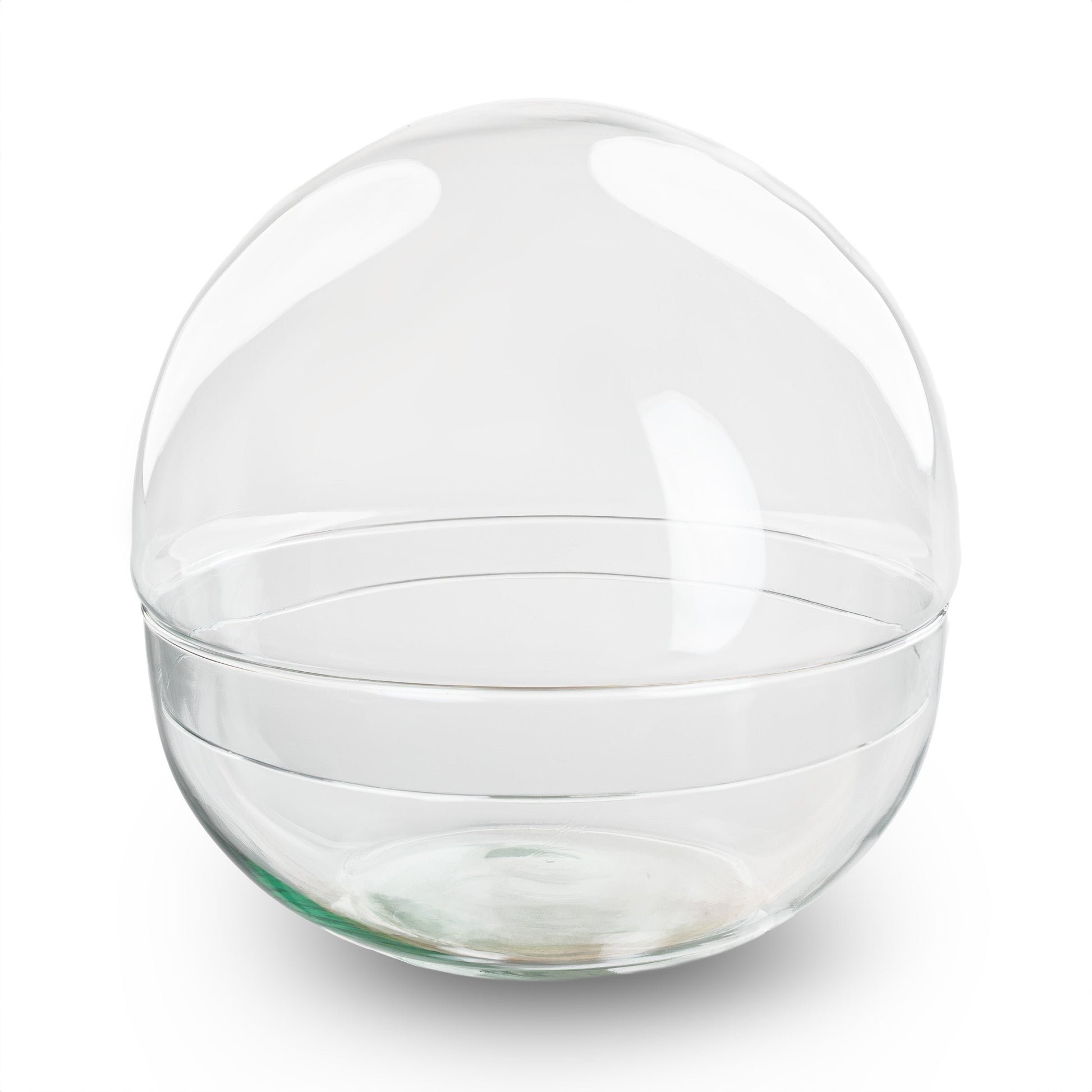 Grote, heldere glazen bol met afsluitende dop, geplaatst op een houten tafel. Ideaal voor decoratieve doeleinden of als plantenbak in woonruimtes.