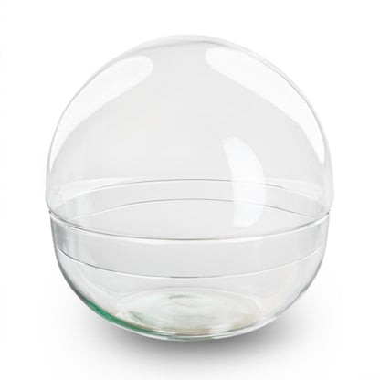 Grote, heldere glazen bol met afsluitende dop, geplaatst op een houten tafel. Ideaal voor decoratieve doeleinden of als plantenbak in woonruimtes.