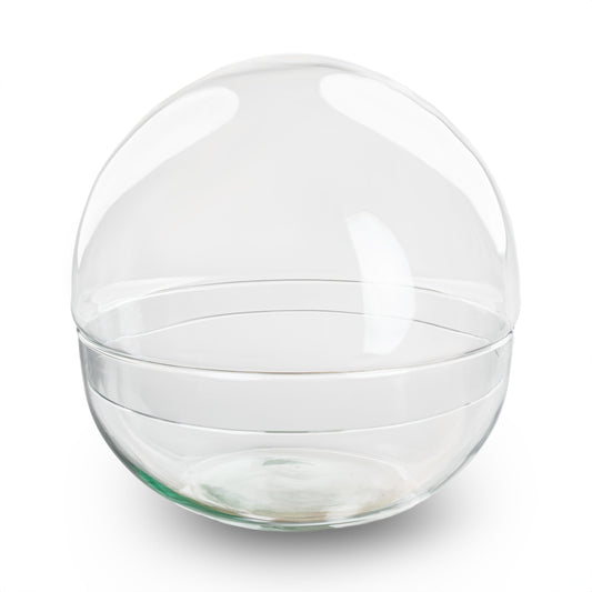 Grote, heldere glazen bol met afsluitende dop, geplaatst op een houten tafel. Ideaal voor decoratieve doeleinden of als plantenbak in woonruimtes.