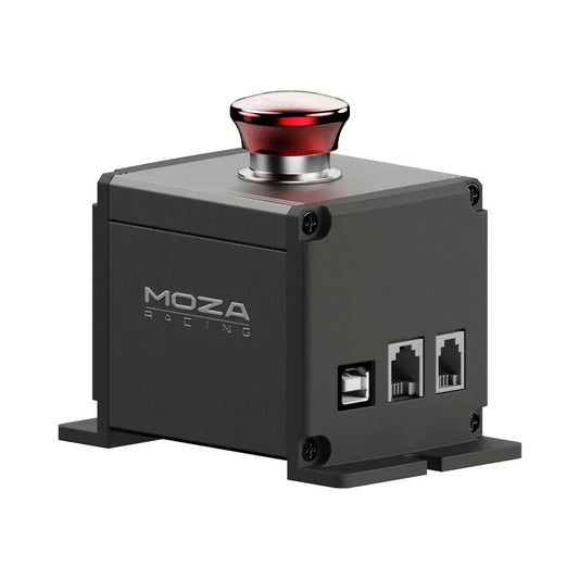 Moza Racing stuurknop met glanzend rood knopje en zwart metalen behuizing, voor gebruik in race- en drone-applicaties. Zichtbaar zijn Ethernet-poorten en het merklogo op de zijde.