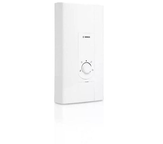 Een witte Bosch badkamerthermostaat met draaiknop en merklogo, geschikt voor temperatuurregeling in badkamers. Modern ontwerp voor comfortabele verwarming en energiebesparing.