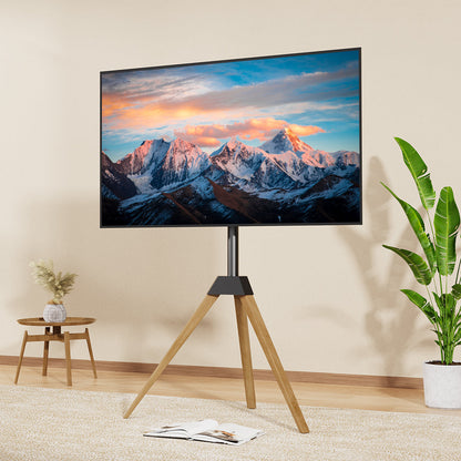 Een moderne, zwarte TV-standaard met houten driepoot, geschikt voor wandmontage. Standaard heeft een stijlvolle, minimalistische uitstraling voor woonkamer of kantoor.
