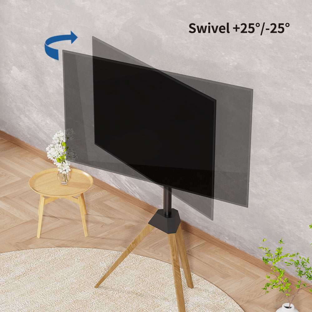 Een moderne, zwart metalen TV-standaard met houten driepoot, geschikt voor wandmontage. Standaard met verstelbare arm en zichtbare montagebeugels voor gemakkelijke installatie.