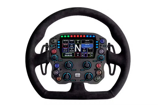 Zwart racestuur met carbonlook en kleurrijke digitale display, voorzien van knoppen en draaiknoppen voor simulatiespel. Ideaal voor F1-racegame-enthusiasten en professionele simulaties.