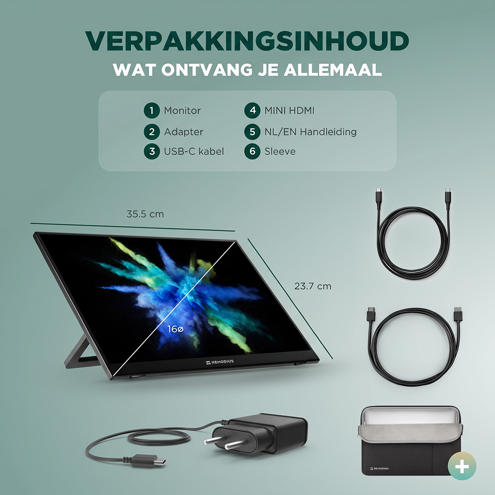 Remodius portable monitor – 16 inch – 2,5K – met sleeve