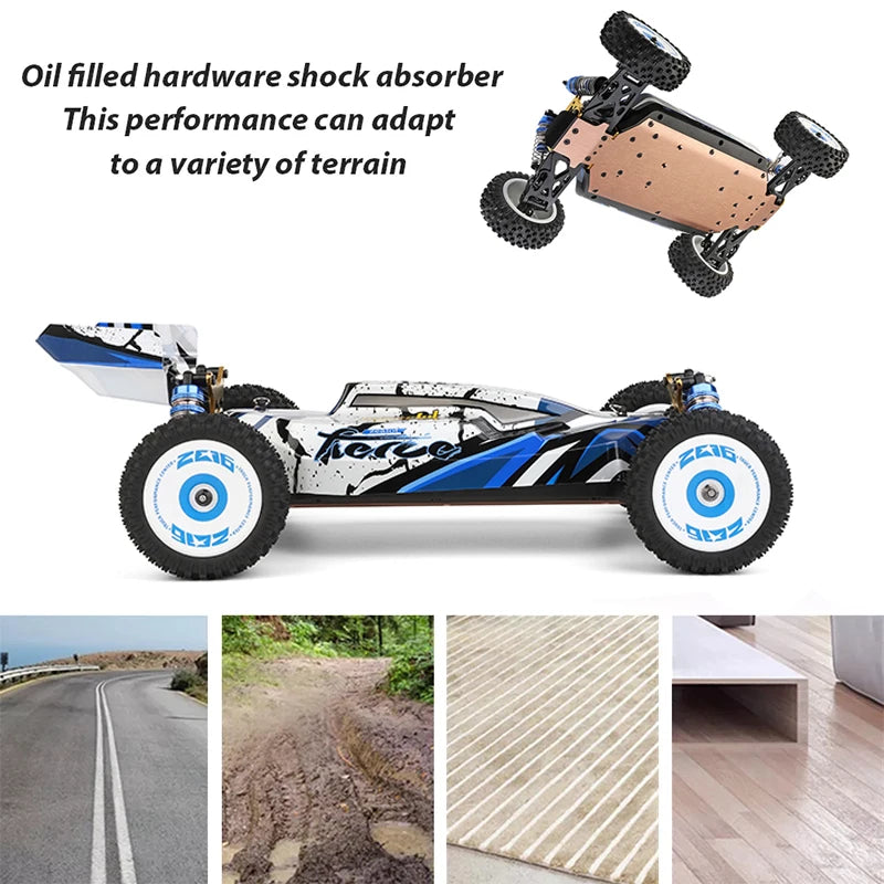 WLtoys Zealot 1:12 4WD RC-raceauto met blauw-wit camouflage, zichtbare schokdempers en rubberen banden, geschikt voor indoor en outdoor racen op versc
