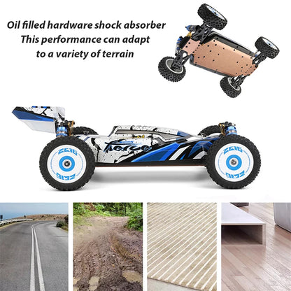 WLtoys Zealot 1:12 4WD RC-raceauto met blauw-wit camouflage, zichtbare schokdempers en rubberen banden, geschikt voor indoor en outdoor racen op versc