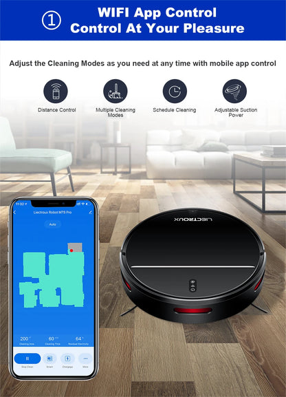 Zwarte, ronde robotstofzuiger van het merk LIECTROUX met zichtbare app- en afstandsbediening. Geschikt voor automatische stofzuiging in huishoudens en